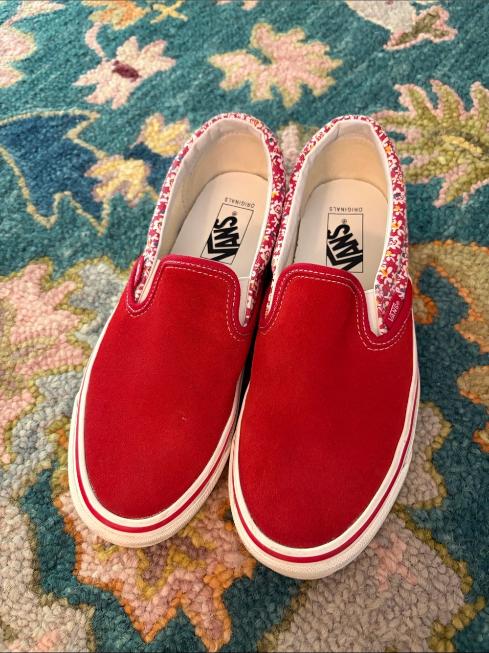 Vans Women's Red Suede Slip-On Sneakers with Floral Trim